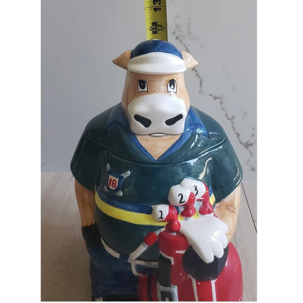 Vintage Cow Cookie Jar Golfer‎ Ceramic Whimsical Kitchen Decor 12 Inch